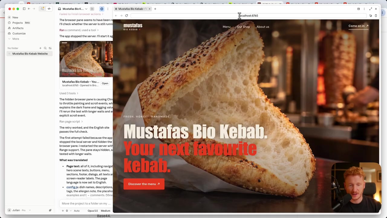 Claude Code next to the finished Mustafas Bio Kebab website running on localhost