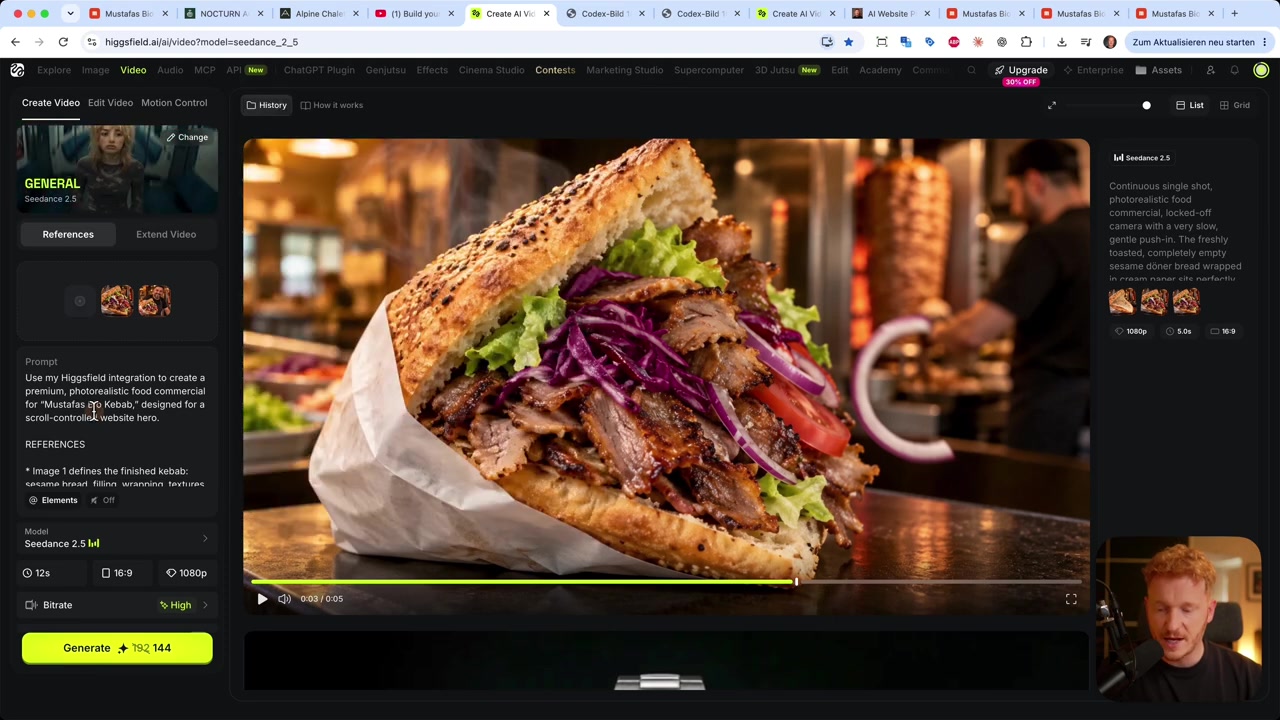 Higgsfield video tool with the kebab start frame, the prompt and Seedance 2.5 selected