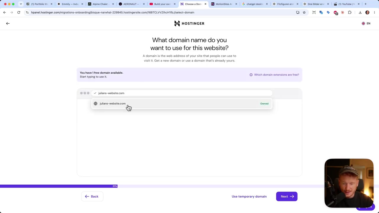 Hostinger asking which domain name to use for the uploaded website