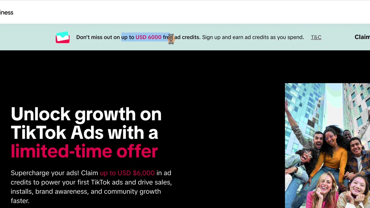 TikTok Ads promotion page for new advertisers with the ad credit offer