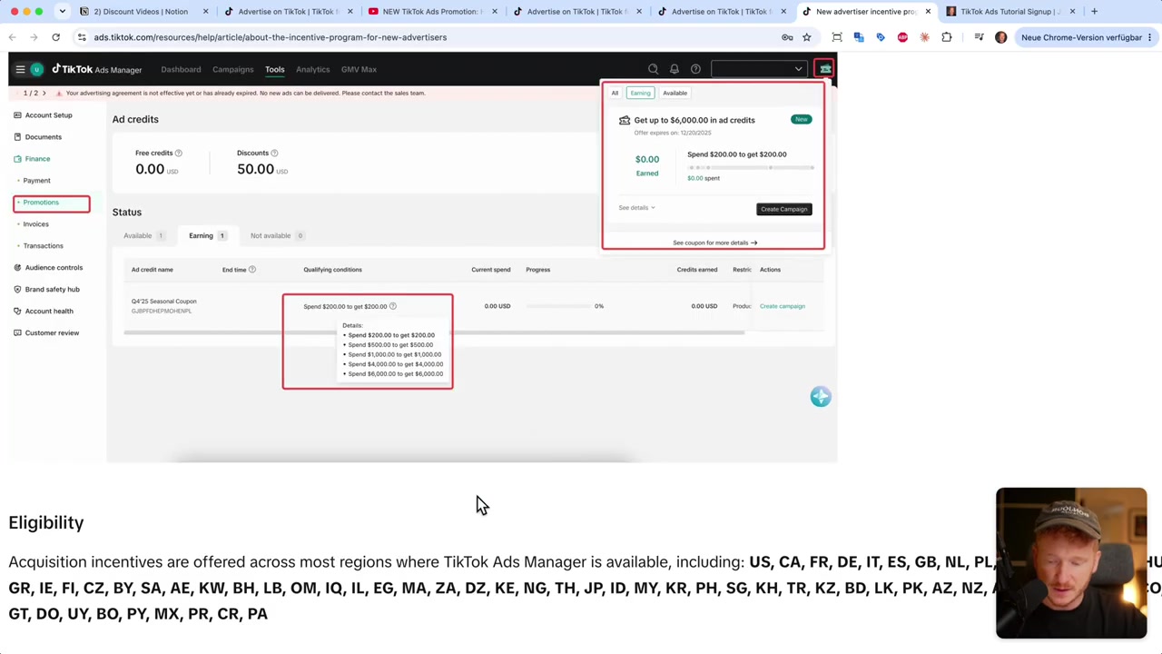 TikTok help page listing the regions eligible for the new advertiser incentive
