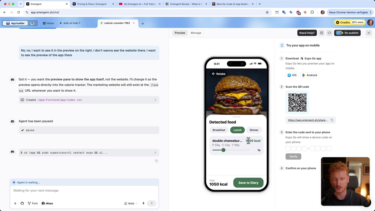 O app de calorias criado no Emergent identifica um cheeseburger duplo na foto