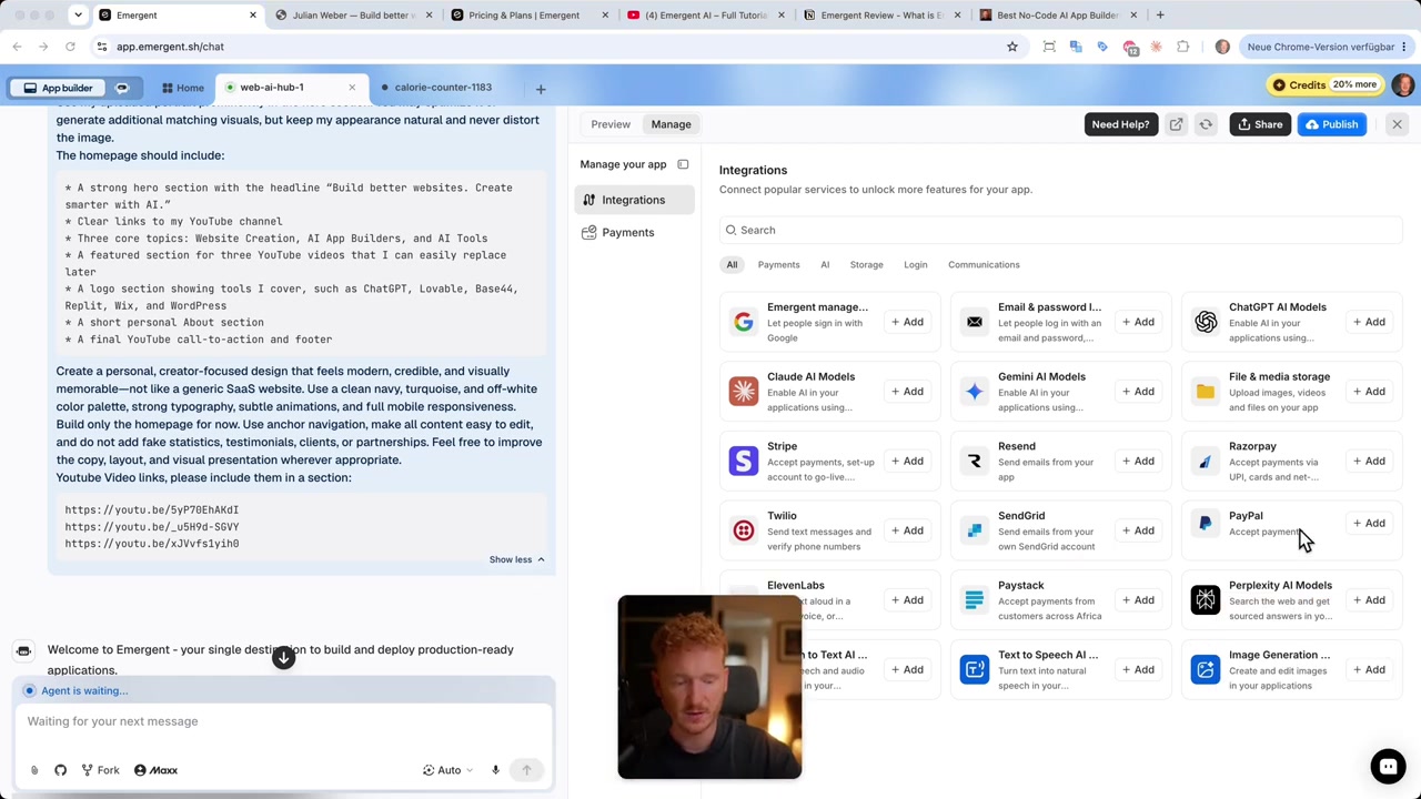 As integrações do Emergent, com Stripe, PayPal, ChatGPT, Gemini e ElevenLabs