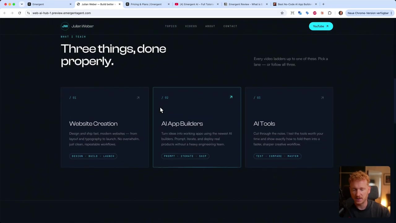 O site criado pelo Emergent para o canal do YouTube, aberto no domínio temporário