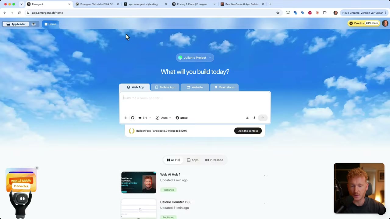 O painel do Emergent com a caixa de prompt e as abas Web App, Mobile App e Website