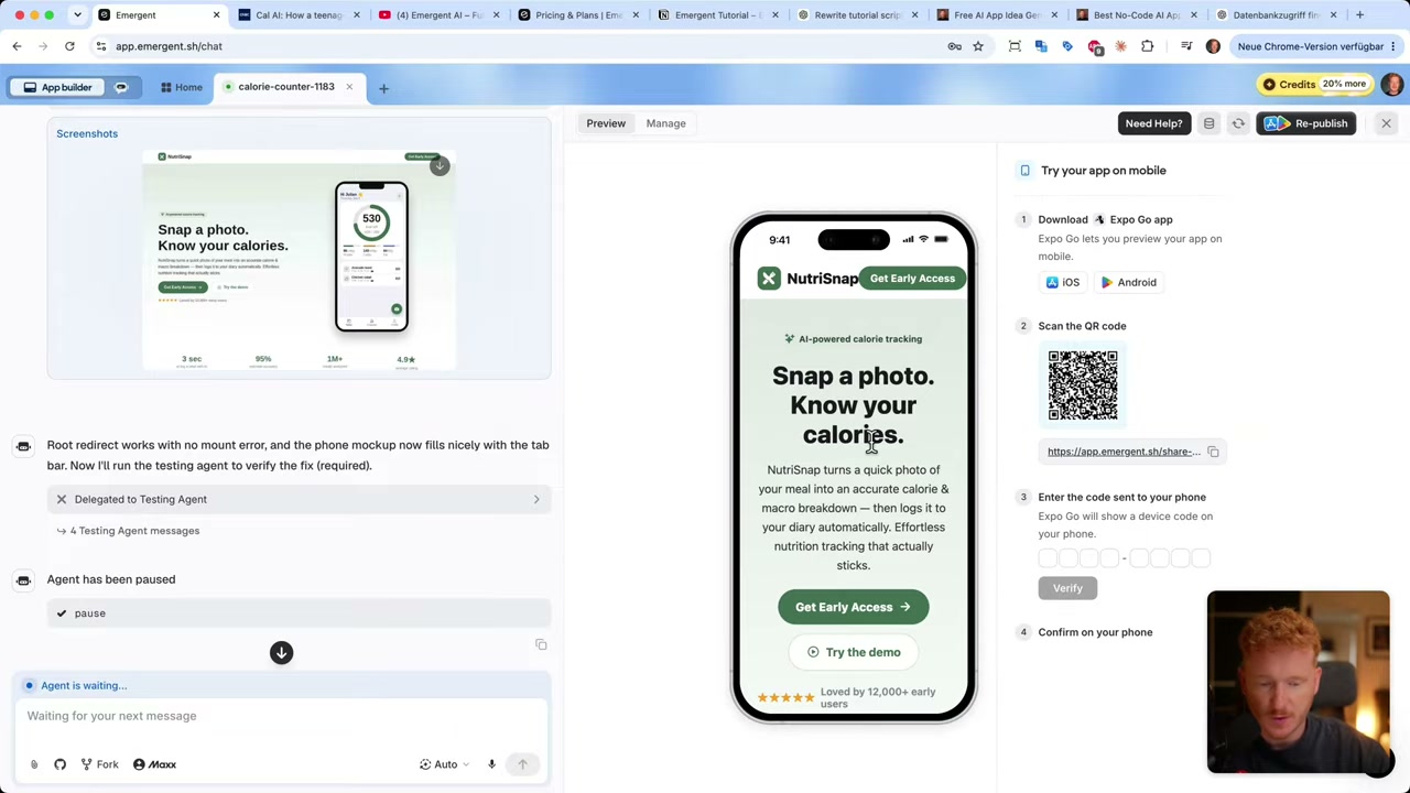 A página inicial do NutriSnap criada pelo Emergent, na prévia móvel