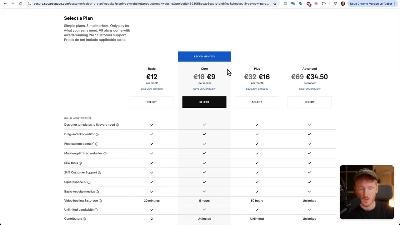 Squarespace plan page with Basic, Core, Plus and Advanced and their prices