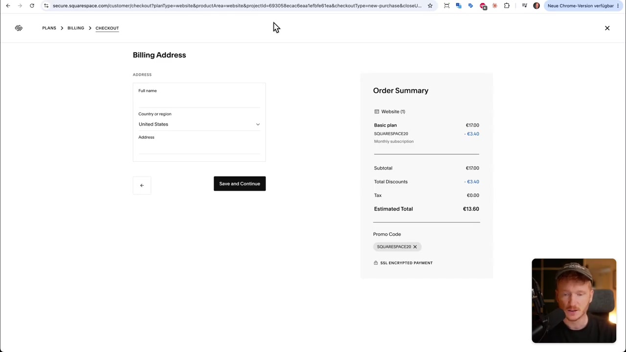 Squarespace checkout with the promo code SQUARESPACE20 applied in the order summary